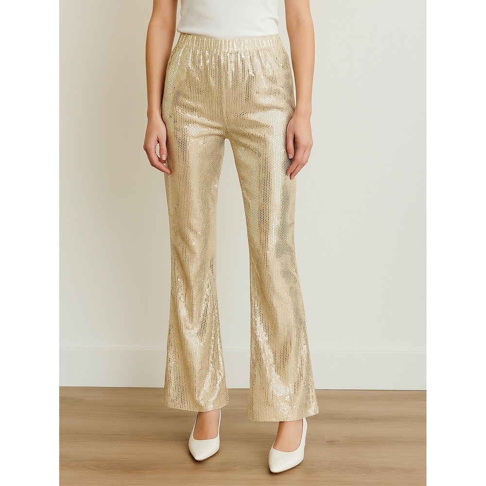 Gold Sequin Flare Bell Bottom Pants Women's M High Rise Sparkle Holiday Party